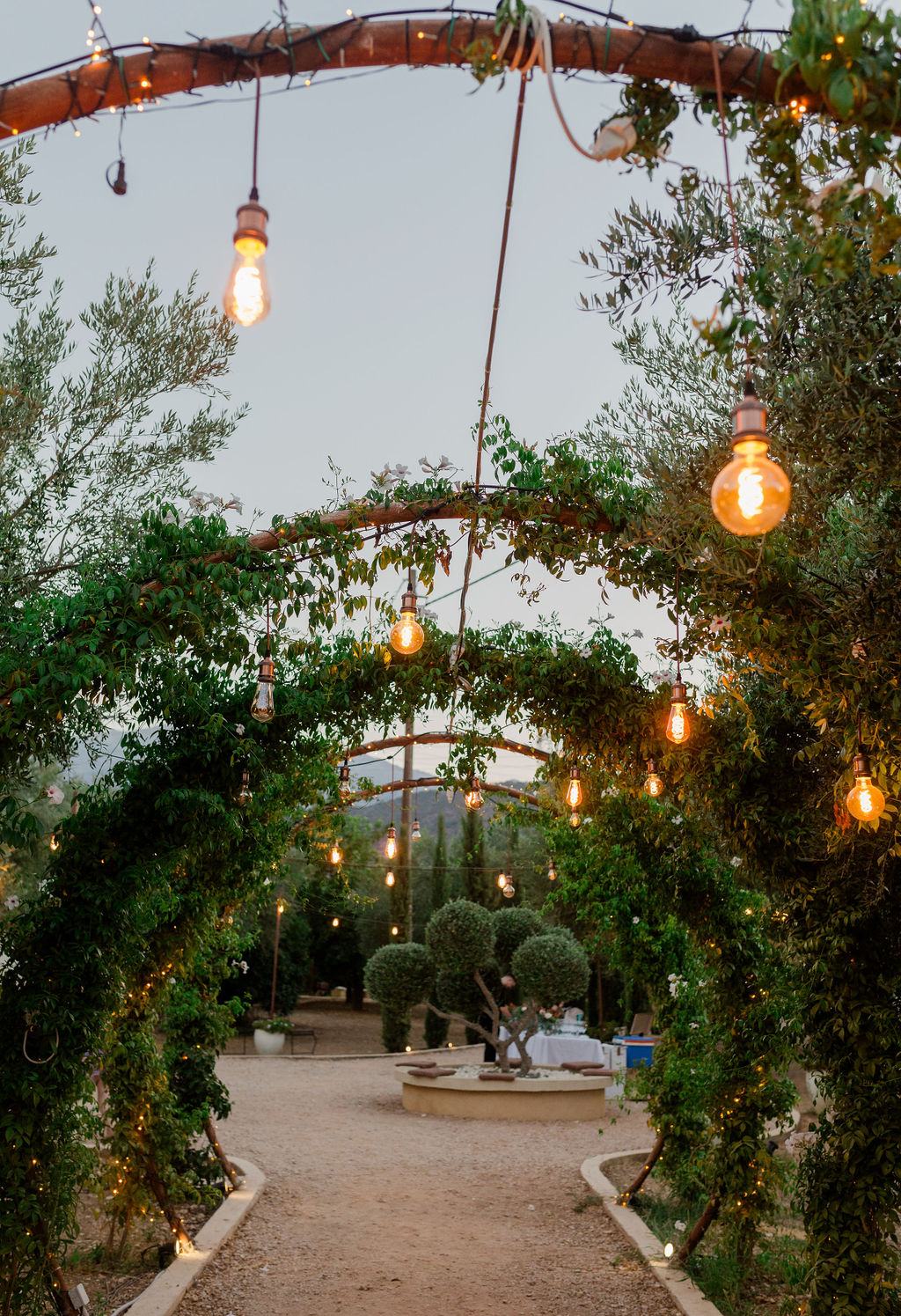 Fairy-lit archway of olive branches and vines at Cambos Estate at dusk