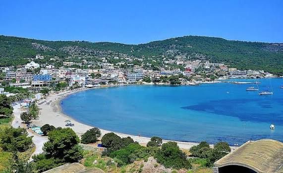 The sweep of the bay and sandy beach at Agia Marina